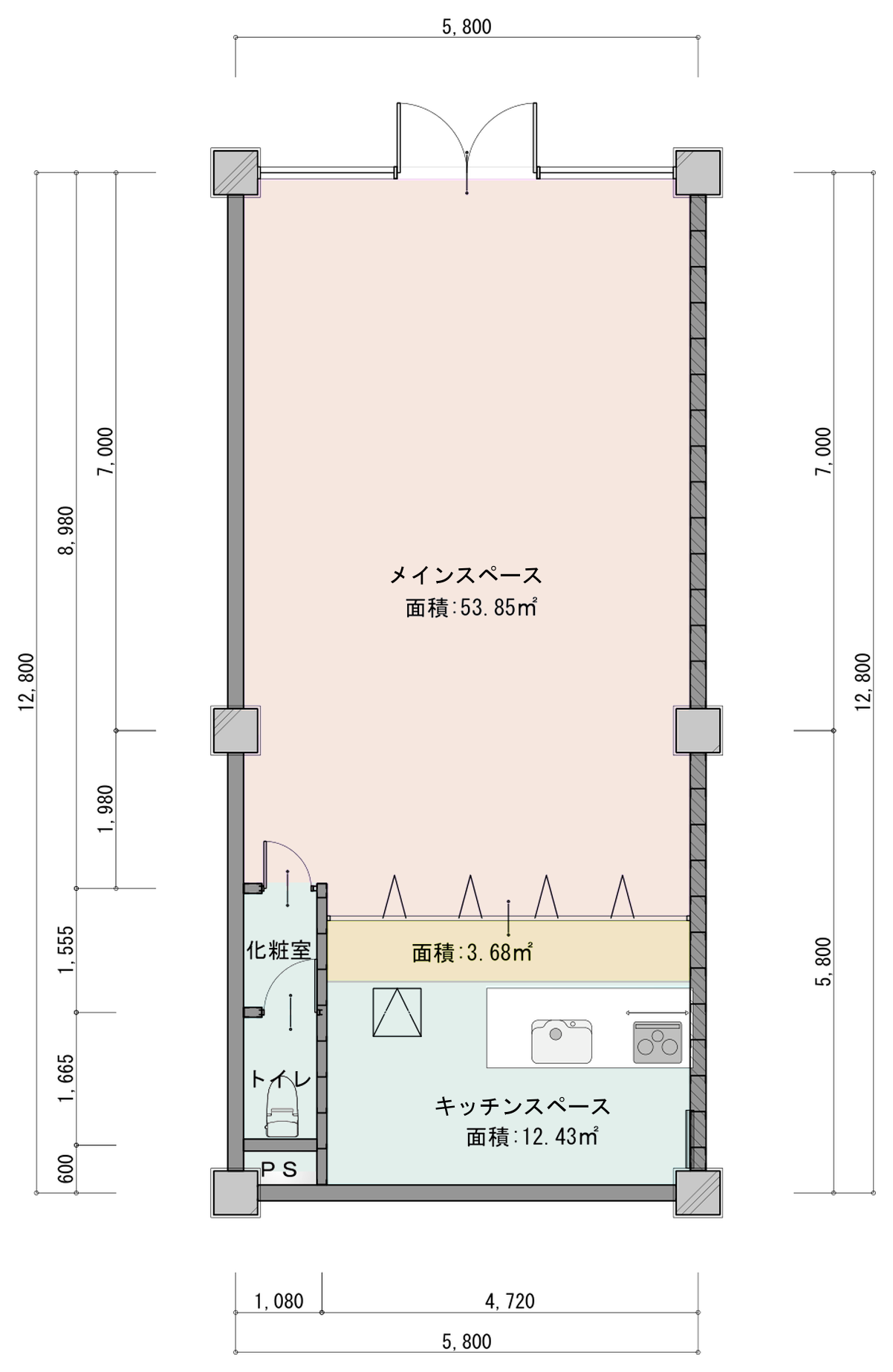 GALLERY & MARCHE ABCの平面図。メインスペース53.85平方メートル、キッチンスペース12.43平方メートル＋前面スペース3.68平方メートル